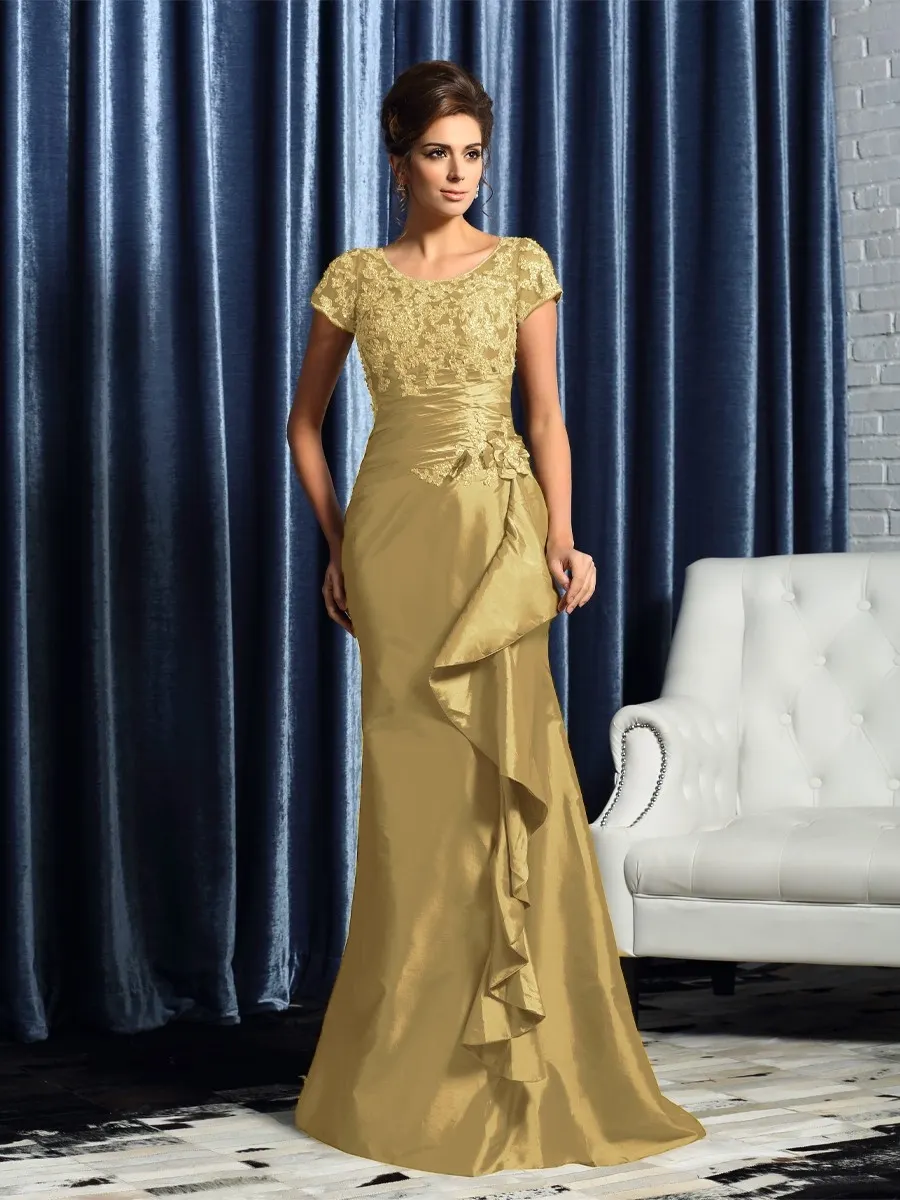Lussooy Elegant Scoop Neck Short Sleeves Applique Beaded Mother of The Bride Dress 