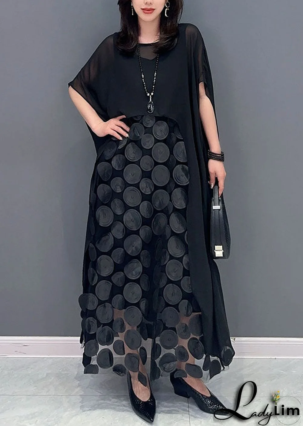 Boutique Black O-Neck Asymmetrical Patchwork Chiffon Two Piece Suit Set Summer