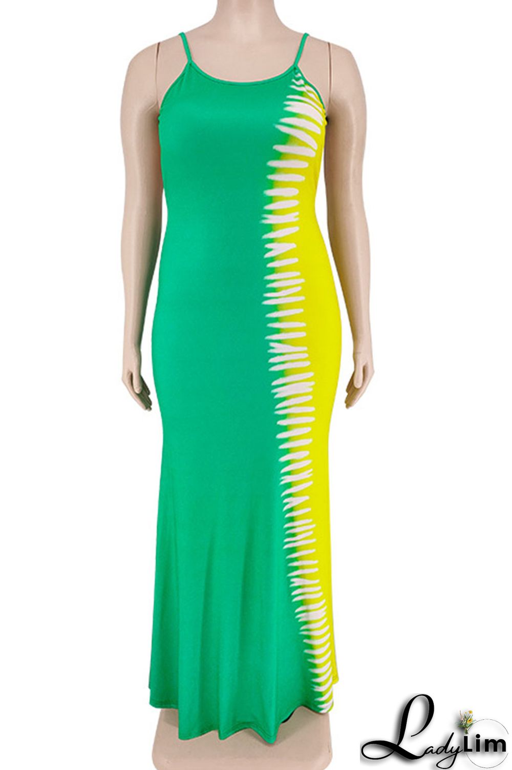 Blue Sexy Print Patchwork Spaghetti Strap Straight Dresses