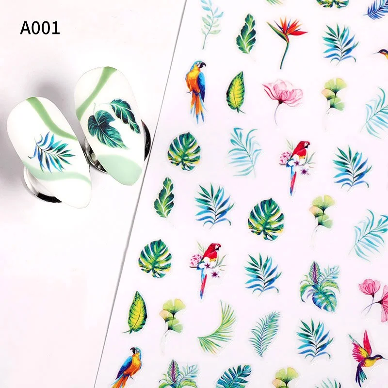 Harunouta 1pcs Summer Simple Green Theme 3D Sticker Decals Flower Leaf Tree Sping Bird DIY Slider For Manicuring Nail Art Wraps