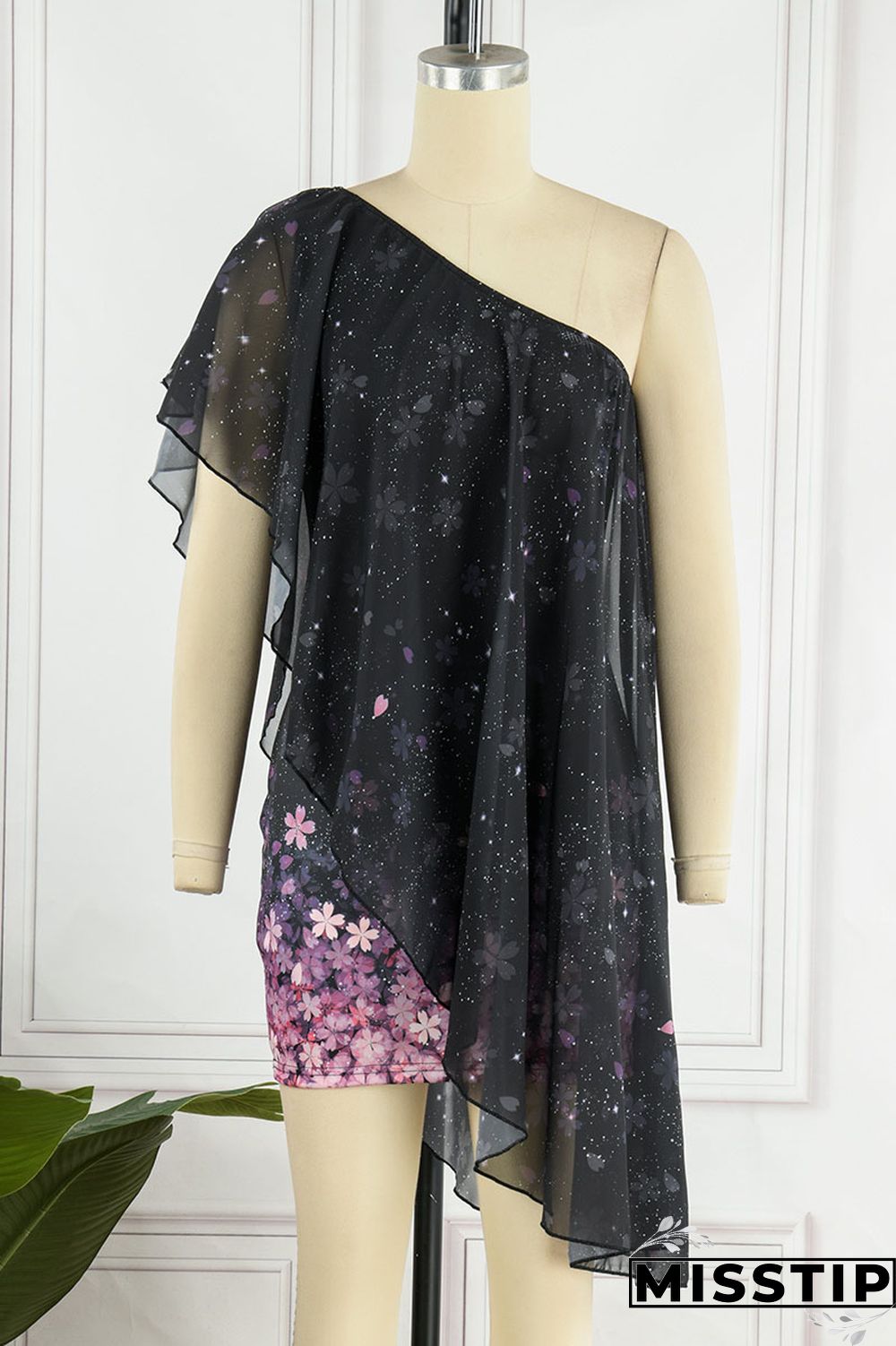 Black Pink Sweet Elegant Print Patchwork Asymmetrical Oblique Collar Dresses