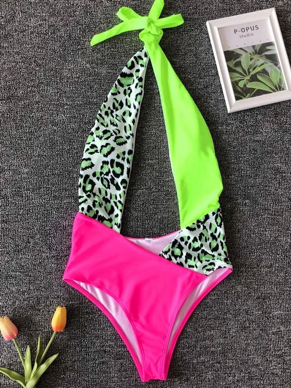 Leopard Print Split-Joint Hanging Neck One-Piece Swimwear