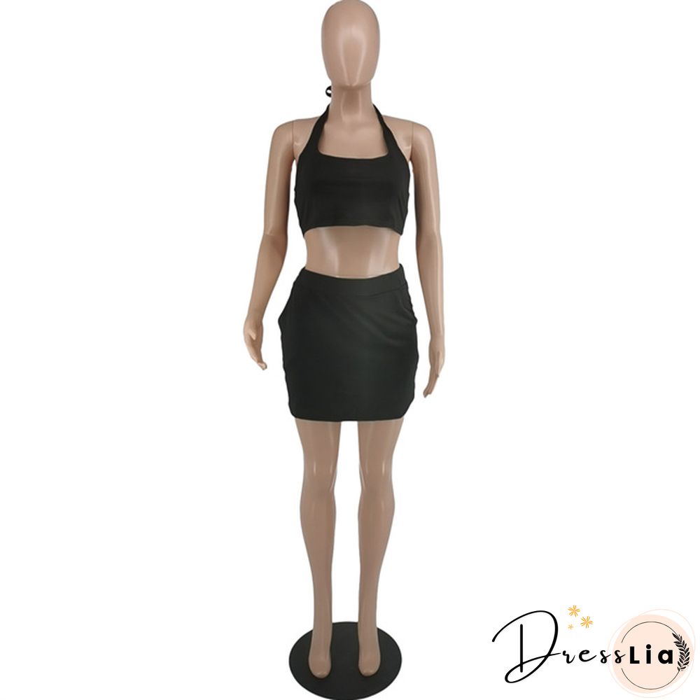 Plus Size Summer Solid Women Square Neck Sleeveless Crop Top+Elastic Waist Mini Skirt 2 Piece Set