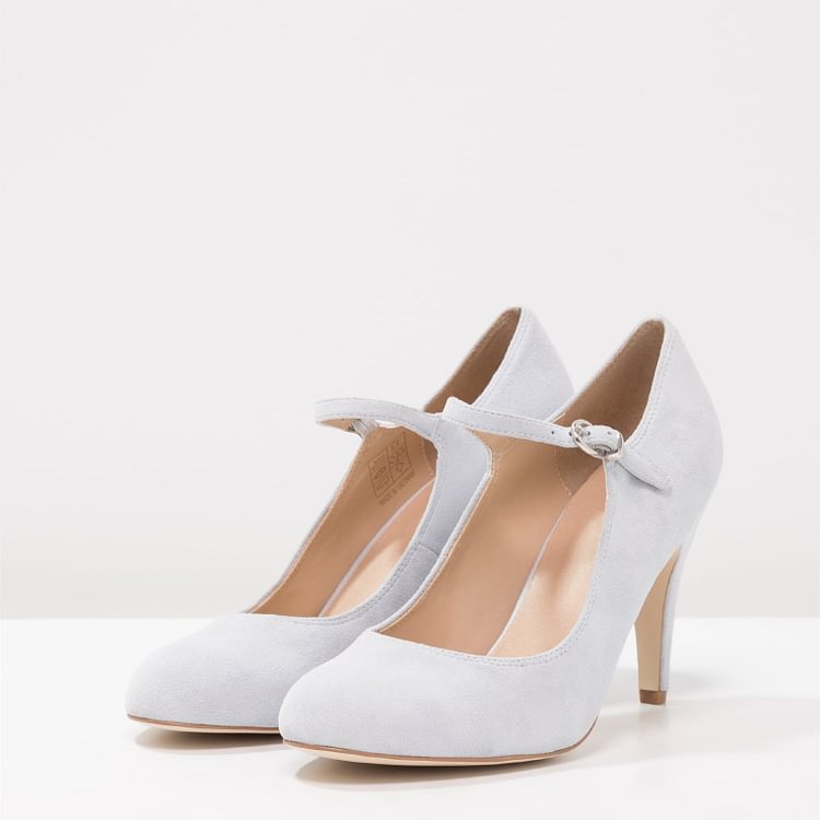 3 inch Heels Light Grey Mary Jane Shoes Round Toe Pumps |FSJ Shoes