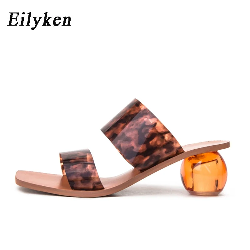 Eilyken Summer Clear PVC Square Toe Ladies Shoes Transparent Crystal Round Ball Heel Slippers Women Leopard Grain Jelly Sandals