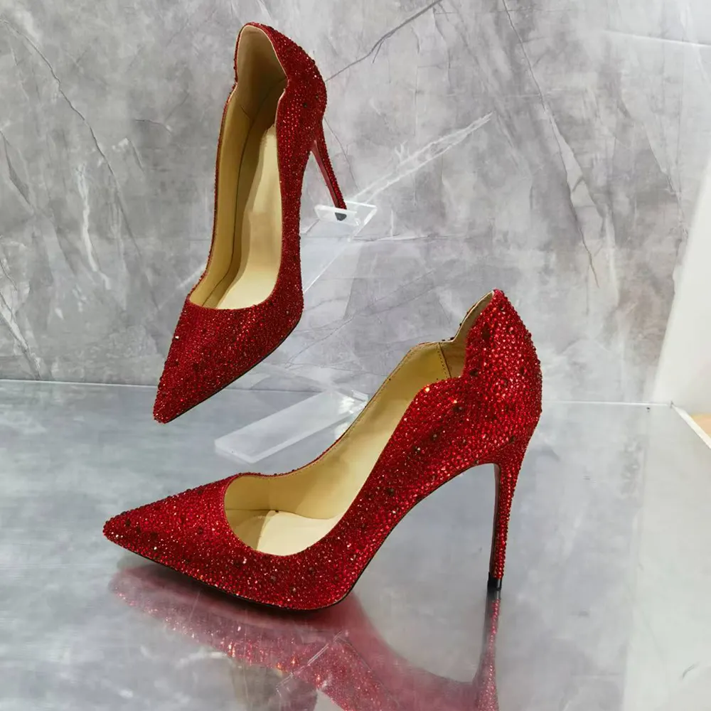 100mm/120mm Women's High Heels Party Wedding Stilettos Patent Red Bottom Rhinestone Pumps-vocosishoes