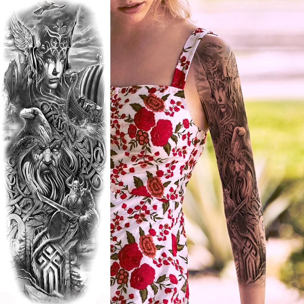 Sdrawing Military Wolf Temporary Tattoos Sleeve For Men Adult Fake 3D Lion Skull Tatoos Sticker Full Arm Warriors Tattoos For Show