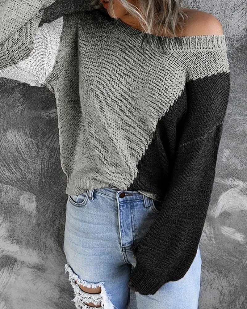 Colorblock Round Neck Long Sleeve Sweater | EGEMISS