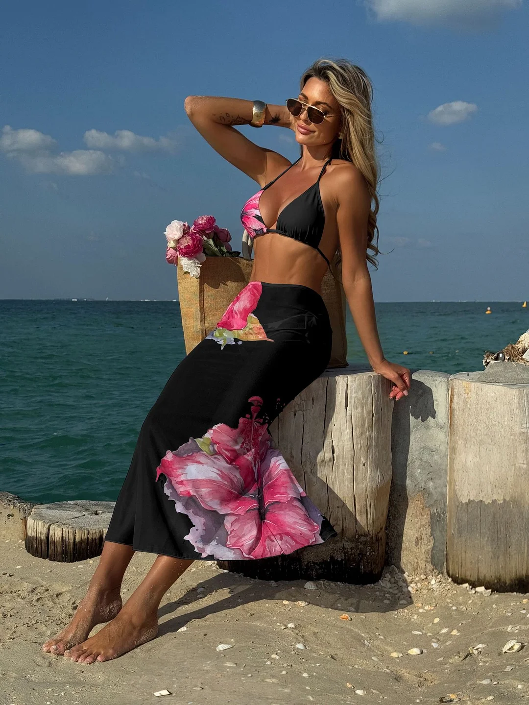 Uveng 2025 New Fixed-Print Large Floral Three-Piece Mesh Dress Sexy Bikini