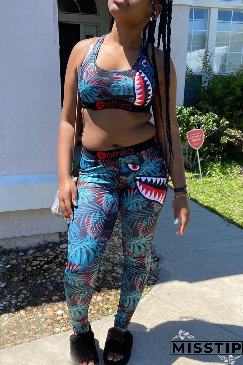 Blue Fashion Print Vest Trousers Sports Set