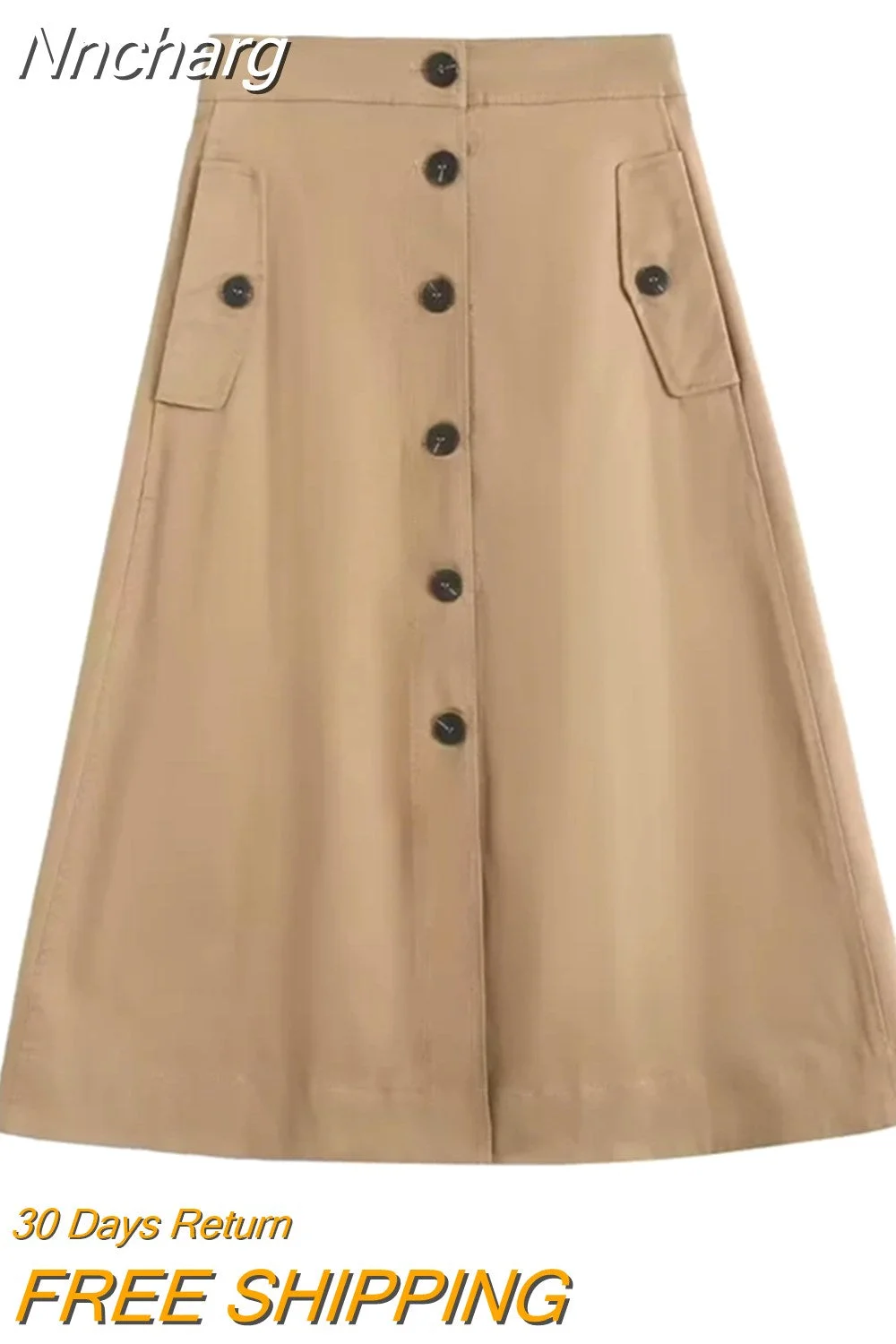 Nncharge 2023 Summer Autumn Skirt Women Loose Pockets Midi Khaki Skirt Women With Button