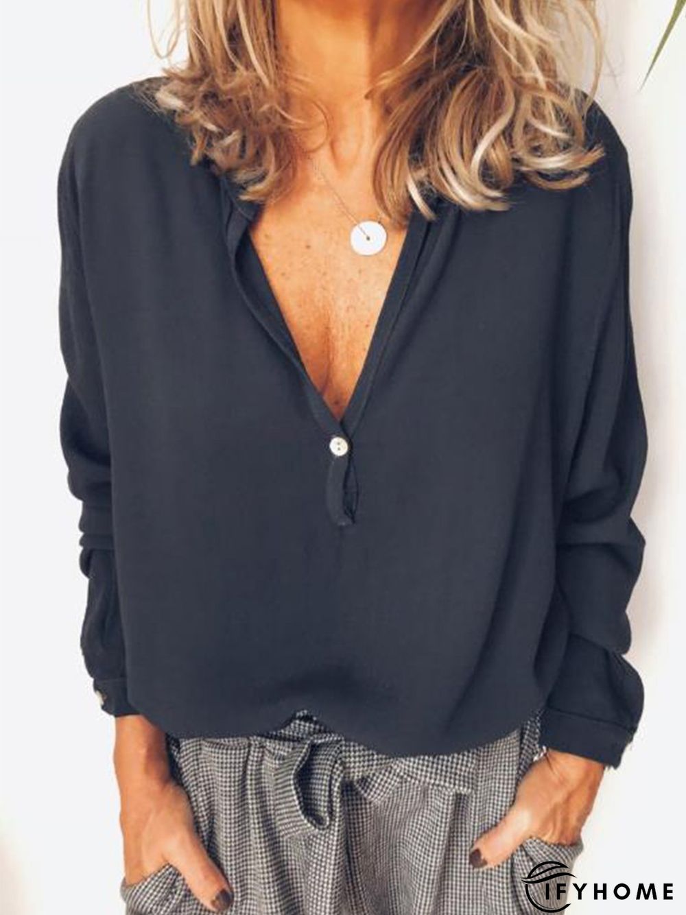Casual V Neck Solid Buttoned Blouse | IFYHOME