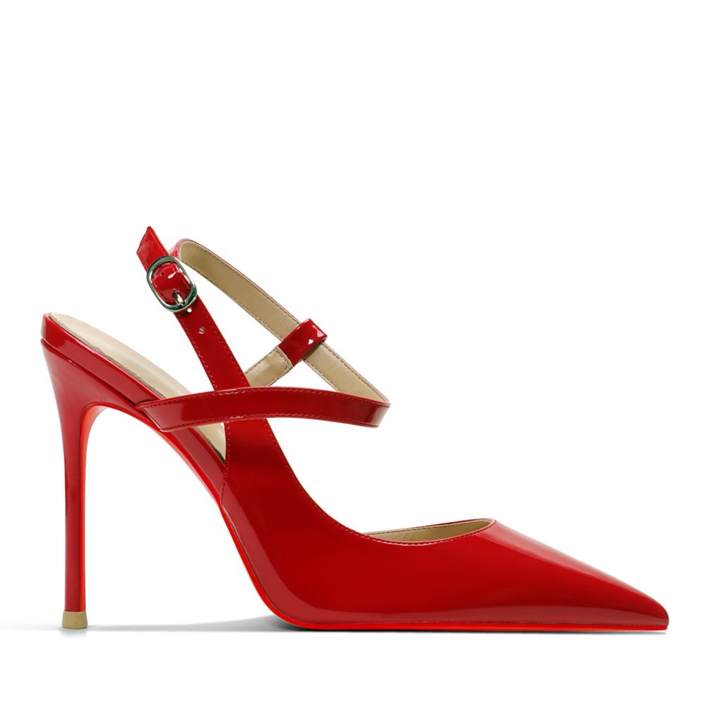 100mm Women Slingback Pumps Ankle Strap Jenlove Stiletto High Heel Close Pointed Toe Dress Red Bottoms Patent Shoes-MERUMOTE