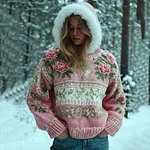 Women's Bohemian Style Pink Rose Art Warm Hooded Knitted Sweater - Image 2