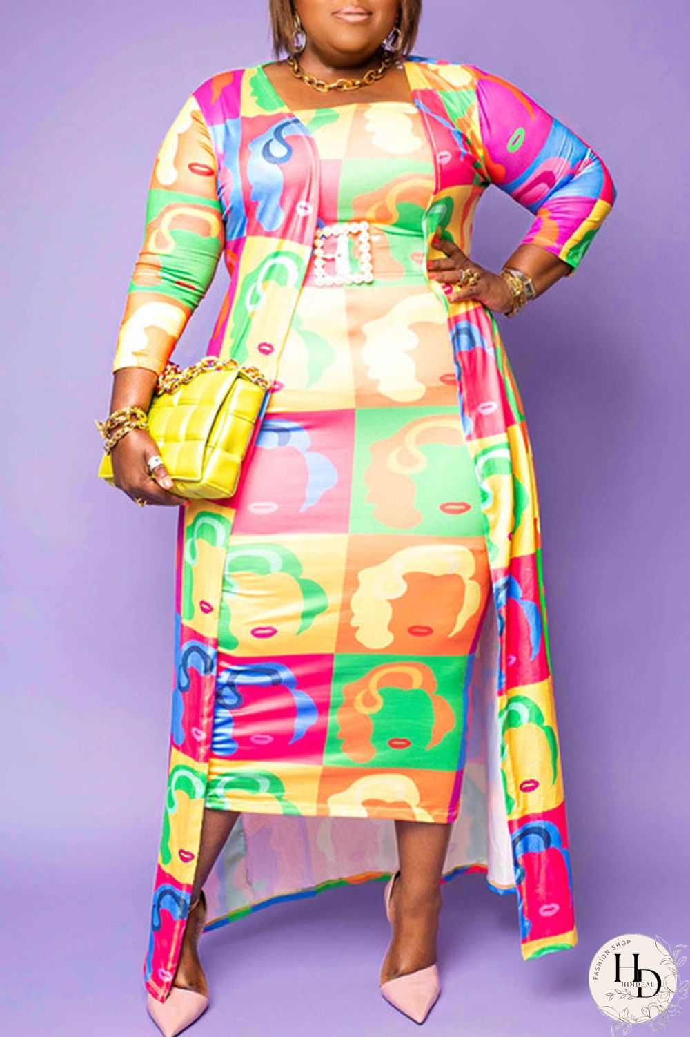 Pink Fashion Casual Print Split Joint Strapless Pencil Skirt Plus Size Two Pieces