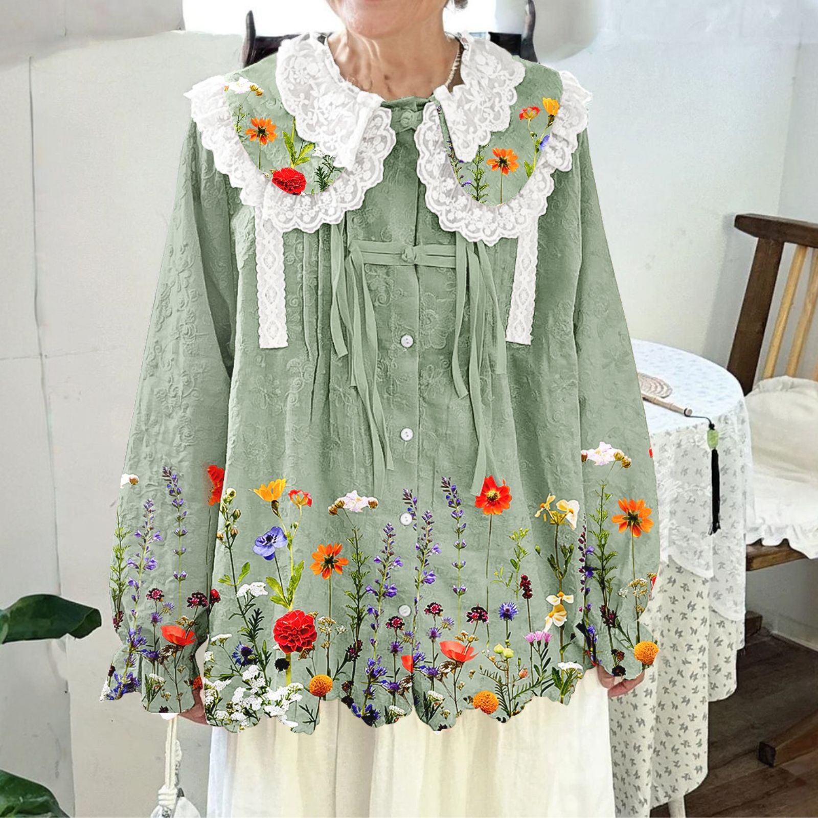 Women Printed Long Sleeve Round-neck  Cute Collar Shirts Blouses Green