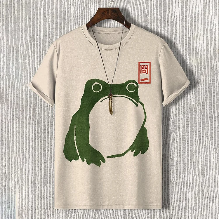 Men'S Cute Frog Japanese Lino Art Print Casual T-Shirt