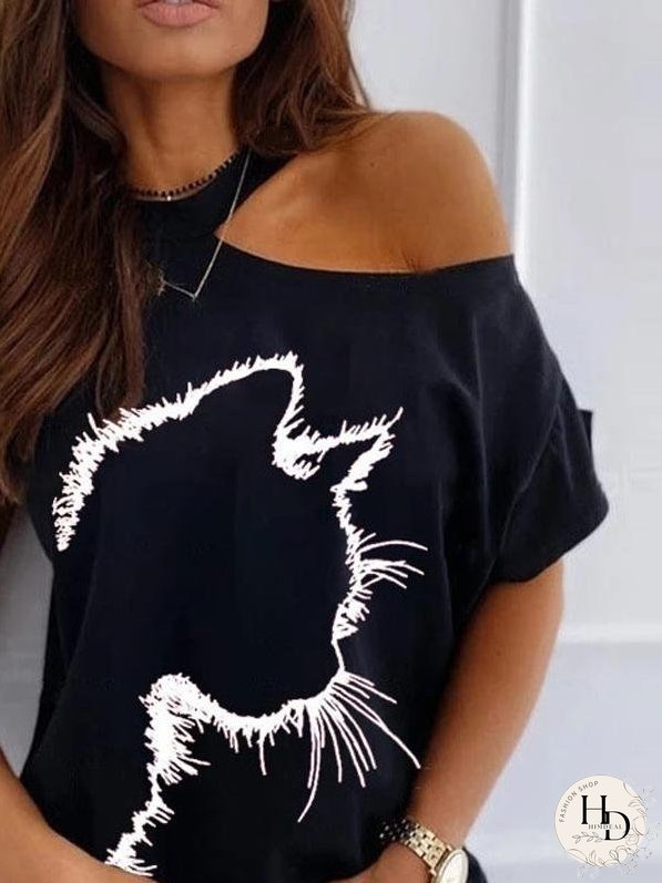 Cat Print Off The Shoulder Casual T-shirt for Women