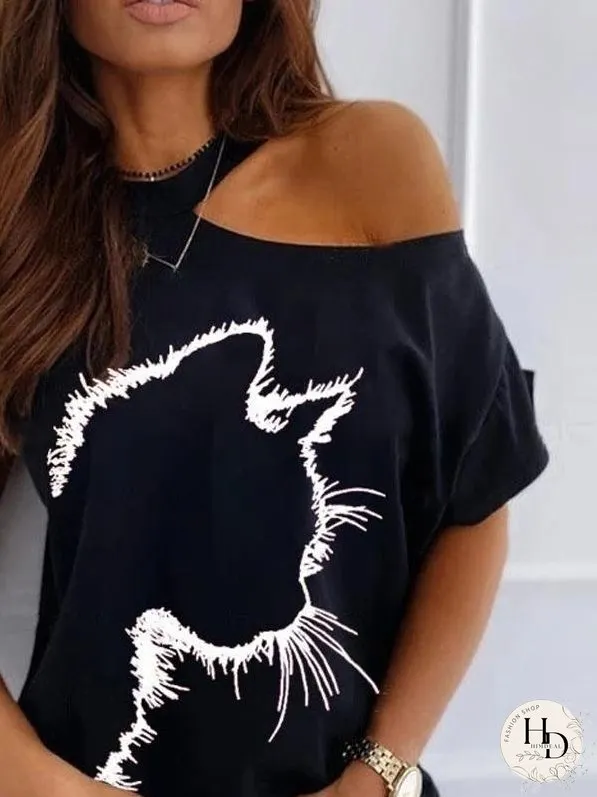 Cat Print Off The Shoulder Casual T-shirt for Women