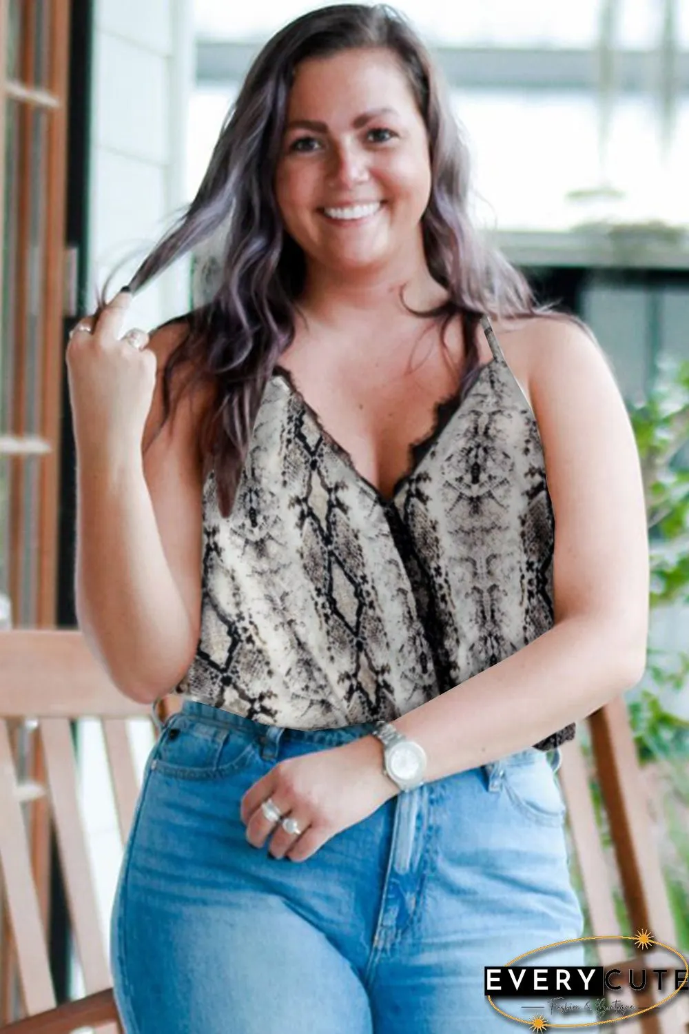 Plus Size Snakeskin Lace Splicing Spaghetti Strap Tank Top