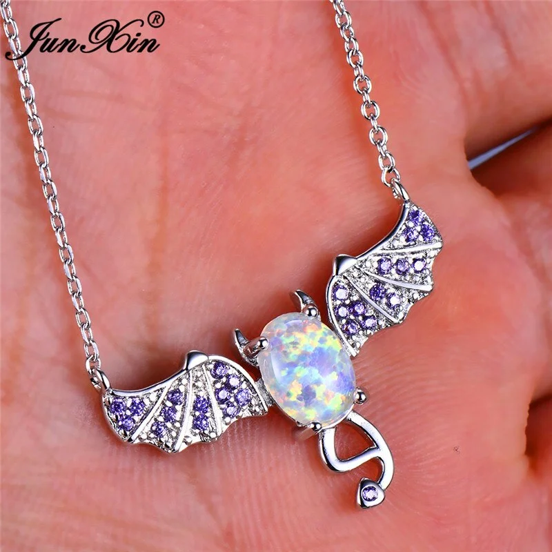 Cute Female Big Bat Animal Pendants Necklaces Vintage Silver Color Jewelry Boho White Fire Opal Stone Necklaces For Women