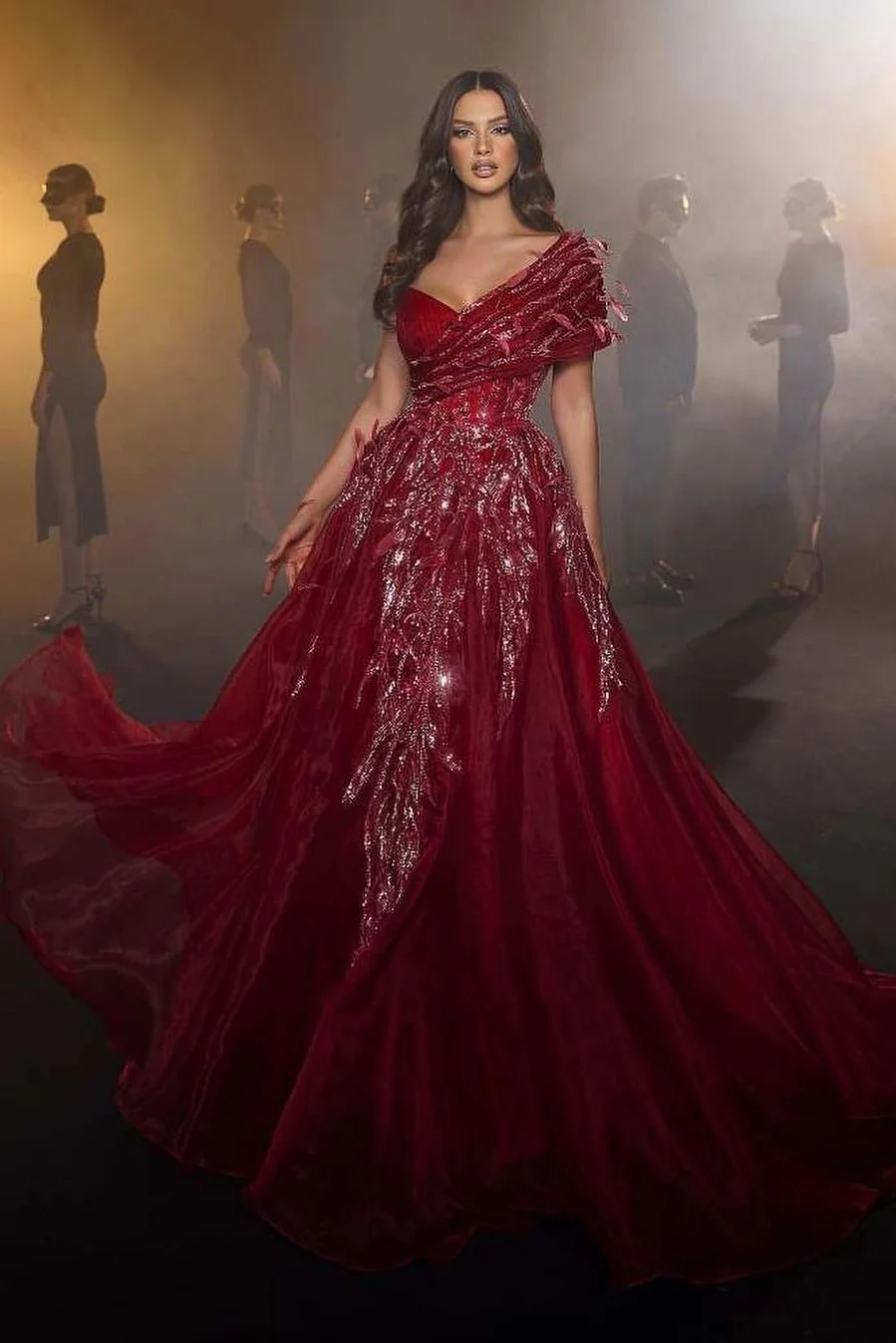 Stunning Beaded Burgundy Tulle Prom Dress One Shoulder With Feathers | Ballbellas Ballbellas