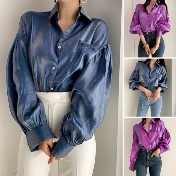 Women Loose Satin Office Top Button Down Look Shirt Loose Elegant Tops New Blouse Plus Size - Shop Trendy Women's Clothing | LoverChic