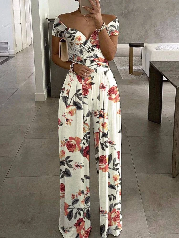 Budgetg Chic Women Floral Printed Straight Party Playsuit Overalls Fashion Club Romper Elegant Skew Collar Sleeveless Jumpsuit