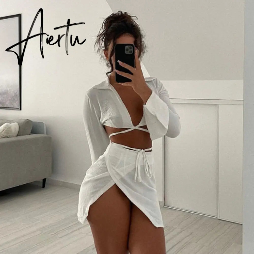 Fashion Outfits Bandage Tie Front Top and Skirt Sets Women Fall Matching Set Split Skirt Club Party Clothes Aiertu