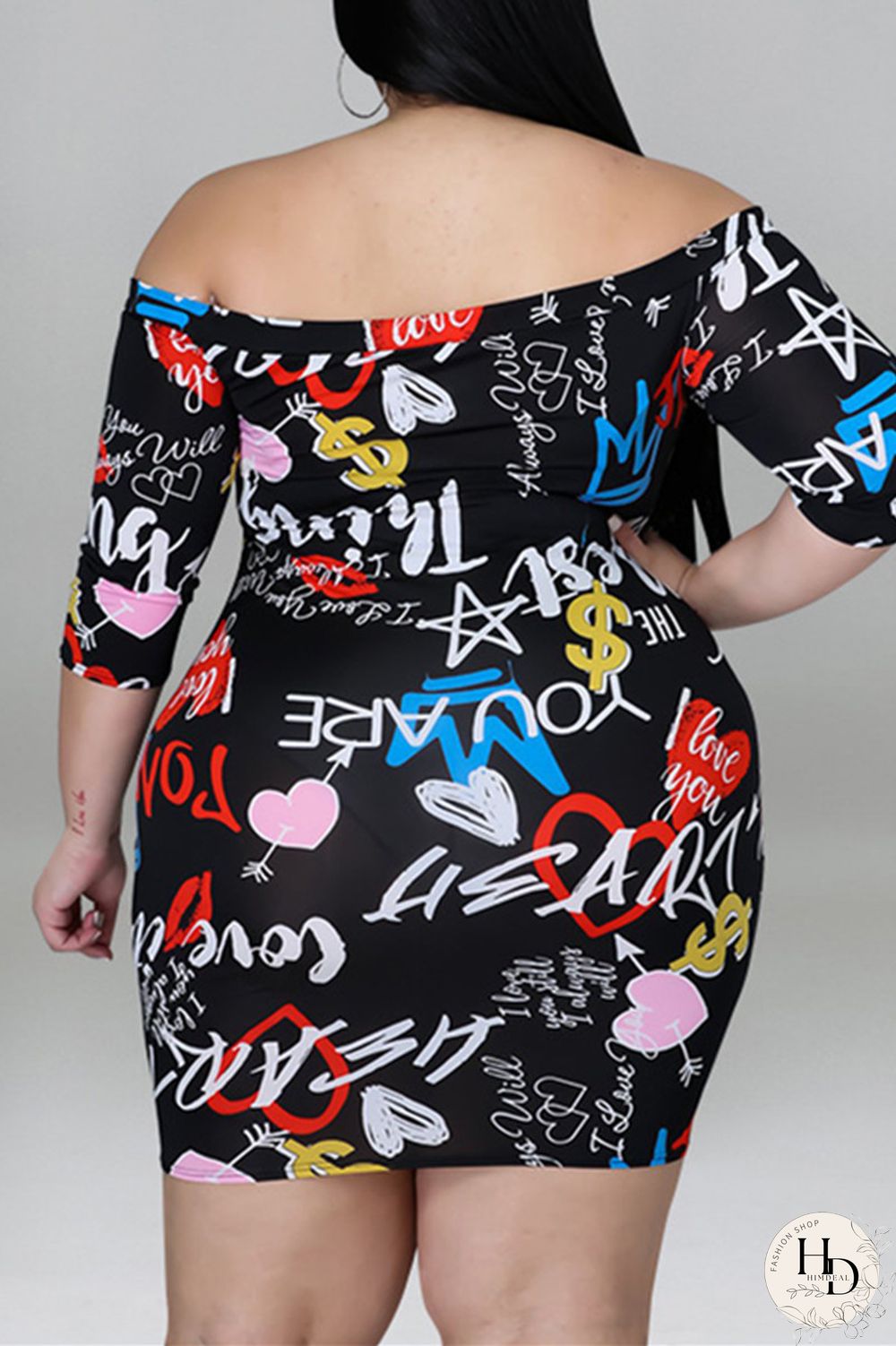 Black Fashion Casual Print Split Joint Zipper Off the Shoulder Long Sleeve Plus Size Dresses