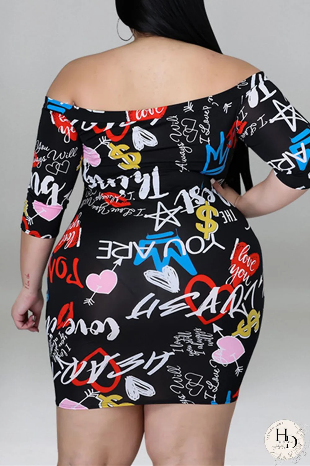 Black Fashion Casual Print Split Joint Zipper Off the Shoulder Long Sleeve Plus Size Dresses