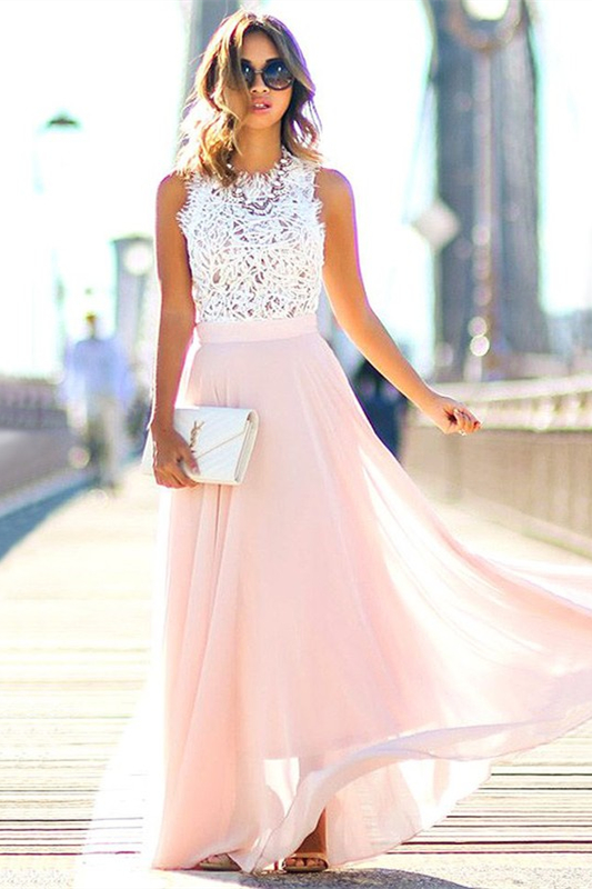 Dresseswow White and Pink Long Chiffon Evening Dress Sleeveless With Lace