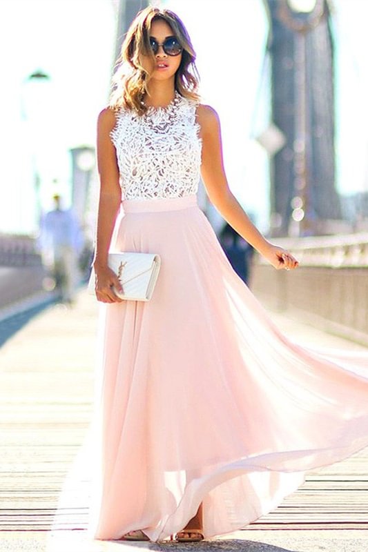 Bellasprom White and Pink Long Evening Dress Sleeveless With Lace Chiffon