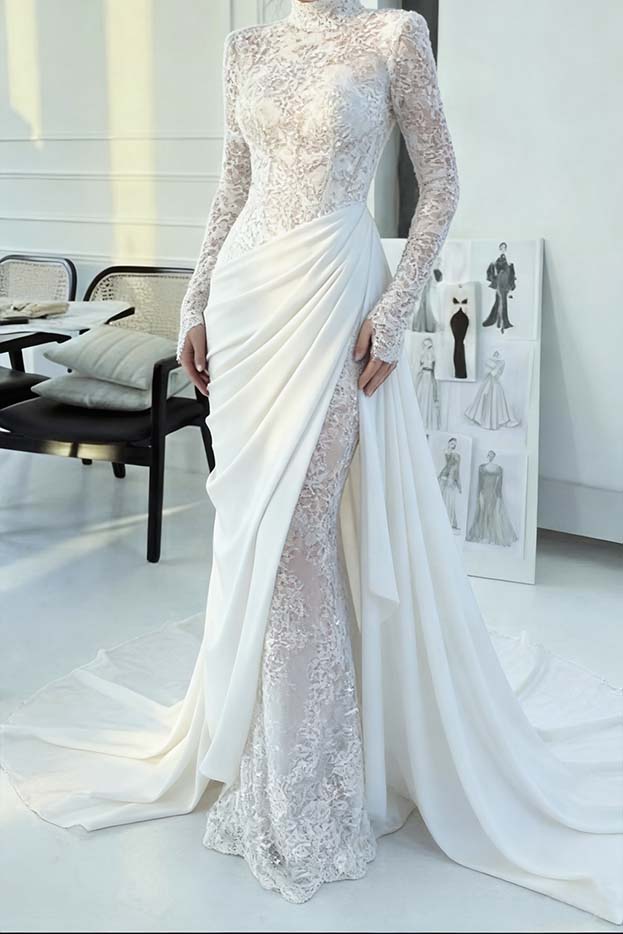 Lussooy Glamorous Burgundy Lace High Neck Long Sleeves Evening Dress With Appliques