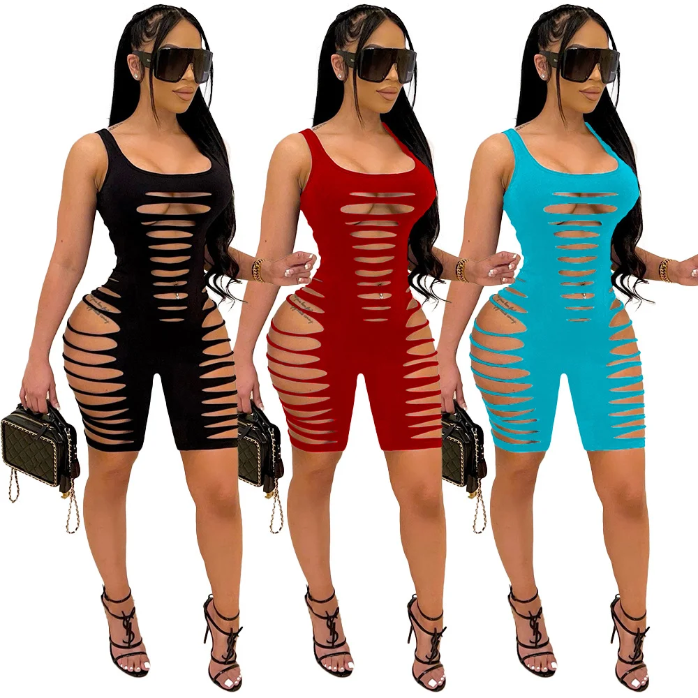 Summer Fashion Solid Color Hole Burn Flower Jumpsuit | IFYHOME