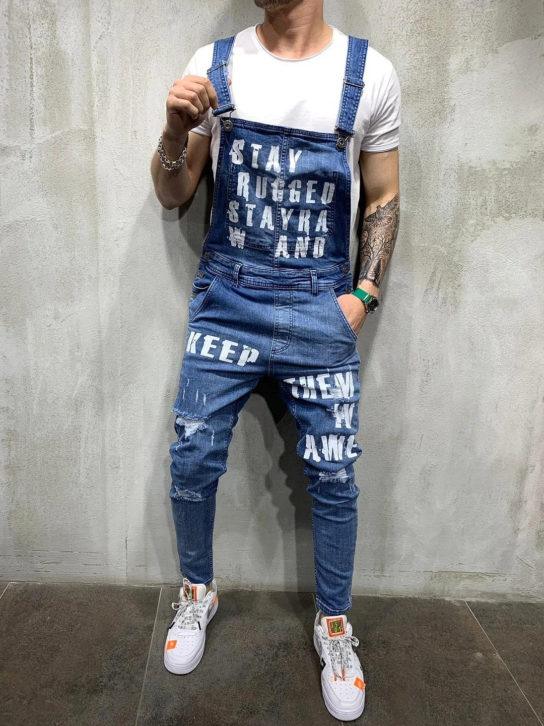Men's Suspender Denim Jumpsuit Funny Letter Print Denim Jumpsuit Overall