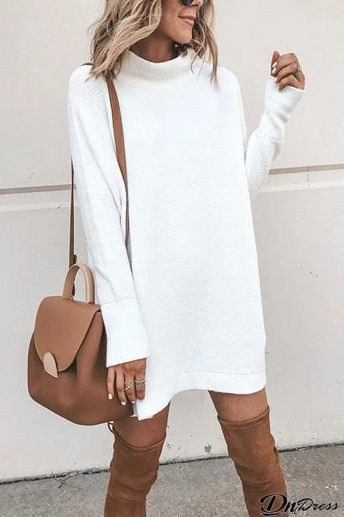 Solid Color Sweater Dress Mini Dresses