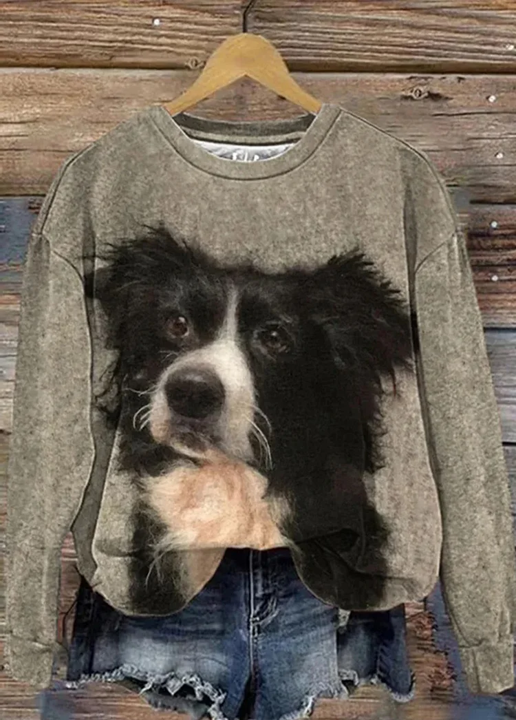 Women's Fuzzy Dog Print Casual Sweatshirt