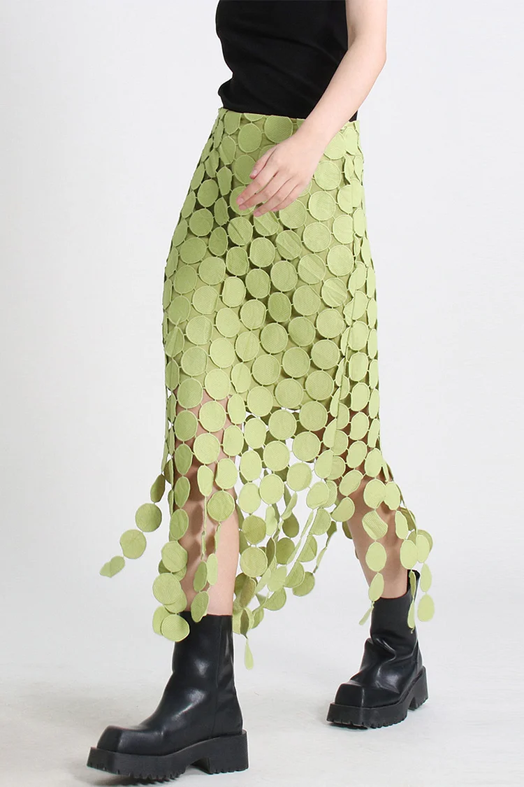 Collage Dots Fringe Midi Skirt-Green