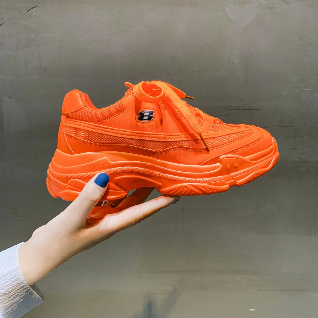 Soft Casual Thick Sneaker Platform Summer Breathable Mesh Women's Shoes Flat Casual Yellow Sports Shoes Female Orange 2020