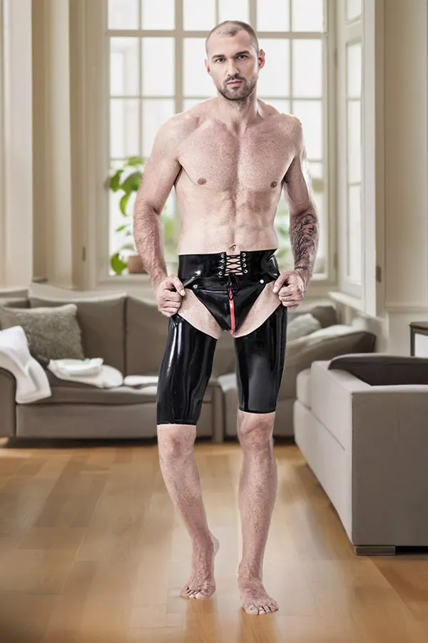 Men's Black Latex Shorts Male Knee-Length Front-Laced Black Classic Minimalist Chaps