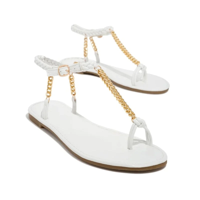 Summer Sexy Luxury Women Sandals Chain Solid Leather Ankle Buckle Strap Flat Heel Ring Toe Flip Flops Fashion Ladies Shoes 2021