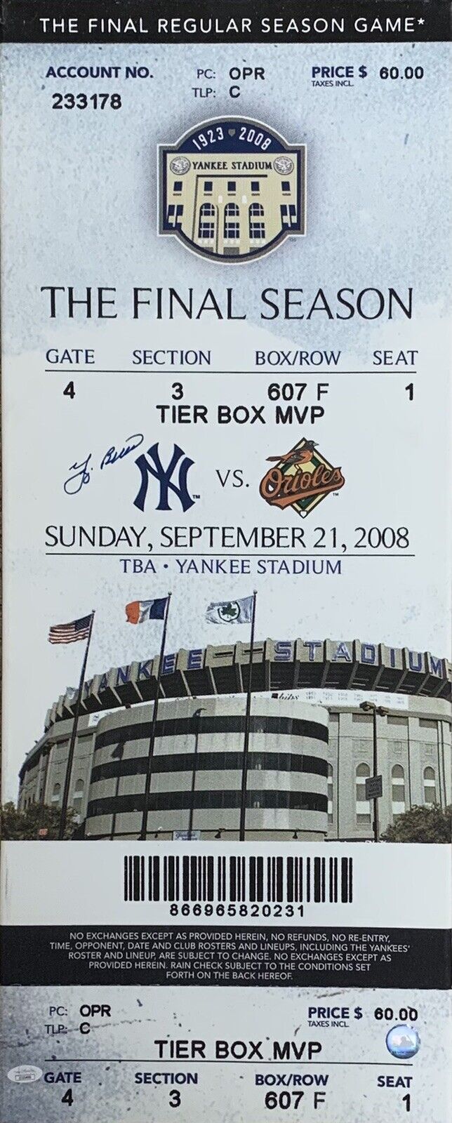 Yogi Berra Autographed 2008 Yankee Stadium Finale 13x32 Canvas Mega Ticket JSA