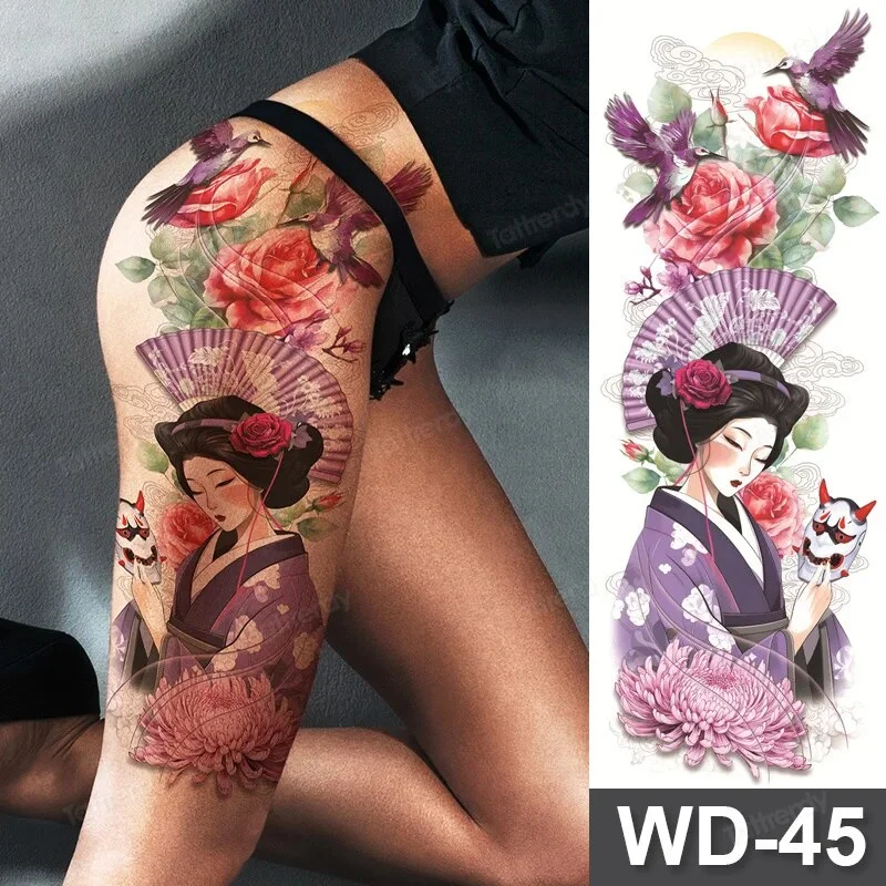 Sdrawing Size Leg Thigh Temporary Tattoo Stickers Full Arm Sleeve Wolf Carp Fox Peony Flower Fake Tattoo Sleeves Sexy Body Painting