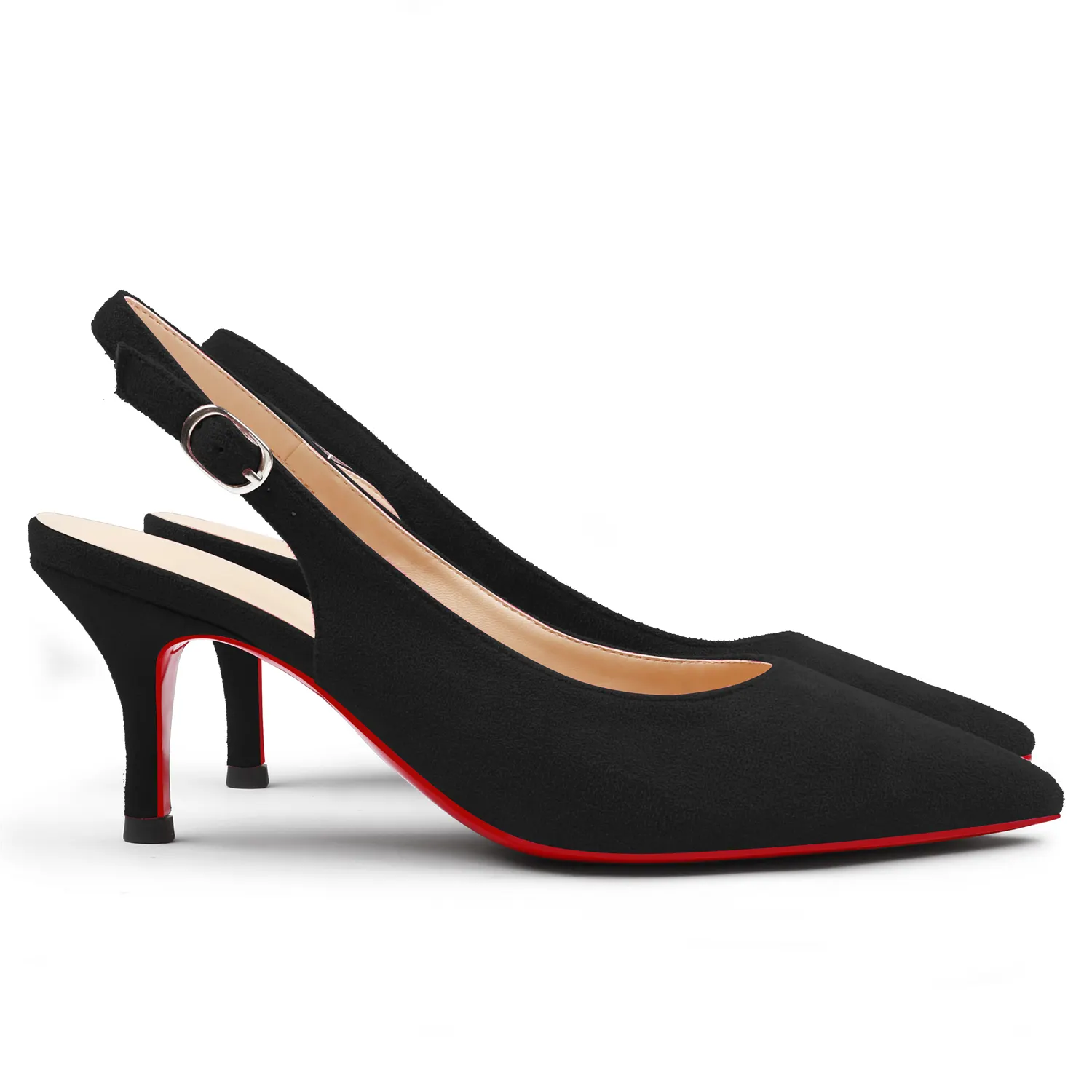60mm Women's Pointed Toe Slingback Kitten Heels Red Bottom Suede Pumps-vocosishoes