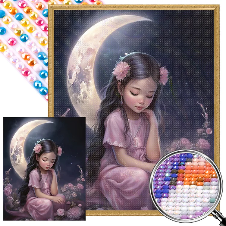 Partial AB Drill - Full Round Diamond Painting - Little Girl Under The Moon 40*50CM