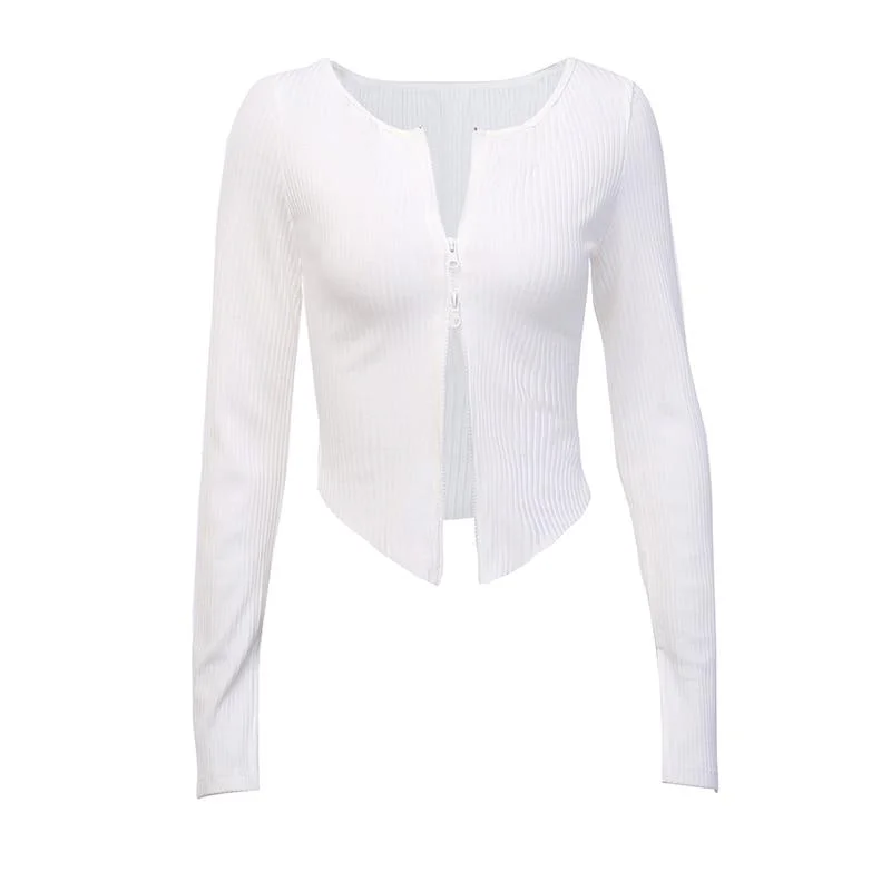 InstaHot White Black Zip Up T-shirt Ribbed Knitted Long Sleeve Strech Irregular Casual  Women Autumn Tops 2023 Streetwear