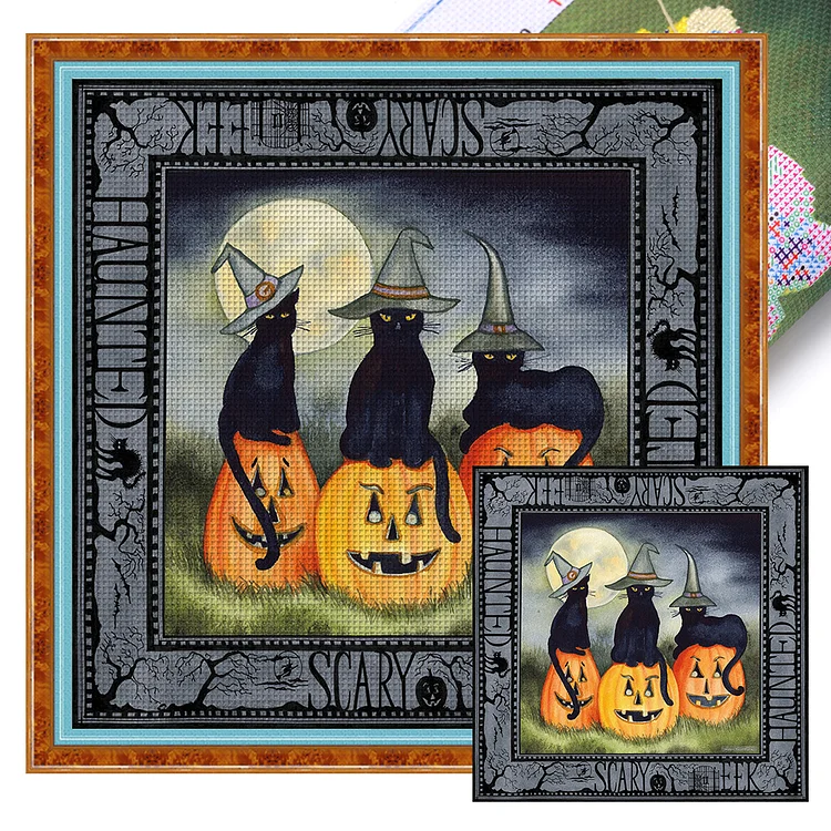 Halloween Pumpkin Lantern And Black Cat (50*50cm) 11CT Stamped Cross Stitch gbfke