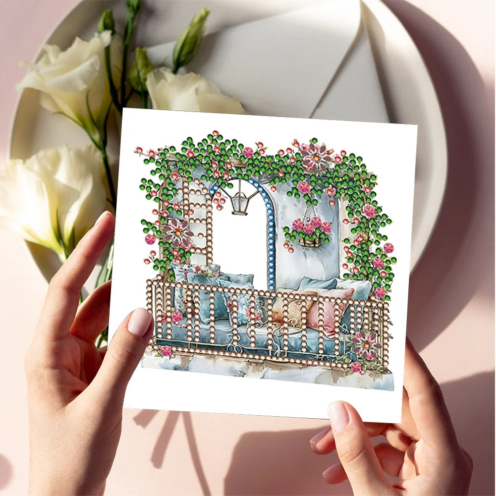 6Pcs DIY Flower Pavilion Special Shape Diamond Handmade Card for Friends Gift【With White Envelope】