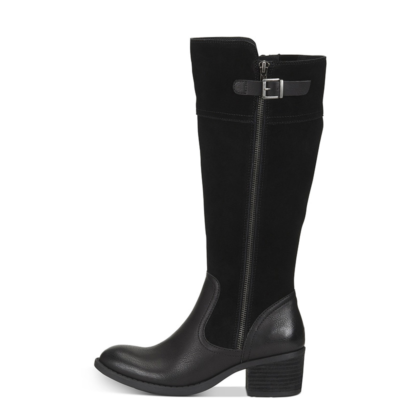 TAAFO Black Patchwork Knee Long Boots High Chunky Heels Women Round Toe Zipper  Ladies Shoes